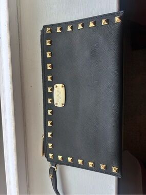 Michael Kors Black Saffiano Clutch with Gold Studs